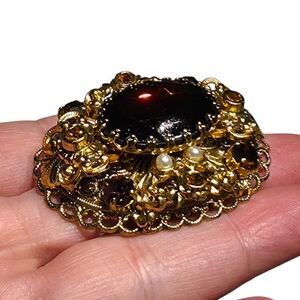 West Germany layered Brooch with light and dark glass topaz stones and faux pear
